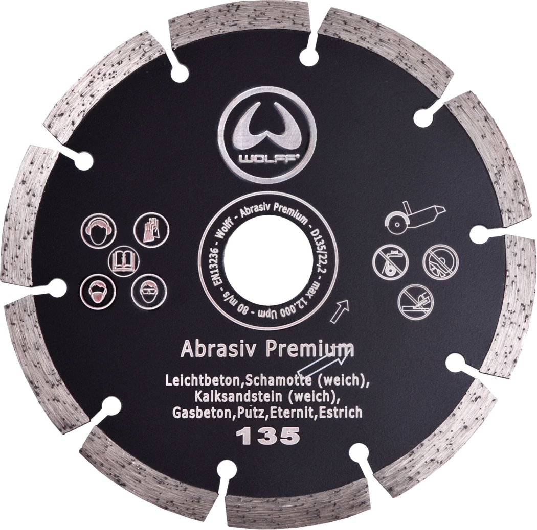 Schwarze segmentierte Diamant-Trennscheibe (135 mm) mit Aufschrift 'Abrasiv Premium', geeignet für Leichtbeton, Schamotte (weich), Kalksandstein (weich), Gasbeton, Putz, Eternit und Estrich; Mittelloch und Sicherheitssymbole sichtbar.
