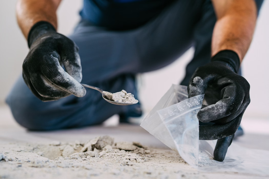 Nahaufnahme von behandschuhten Händen, die mit einem Löffel grauen Betonschutt und staubigen Partikeln aufnehmen und in einen kleinen, durchsichtigen, wiederverschließbaren Plastikbeutel auf dem Boden geben. Das Bild legt den Fokus auf die schwarzen, strukturierten Arbeitshandschuhe und das pulverförmige Material; ein flacher Haufen und eine kleine Vertiefung im Boden sind sichtbar, die Knie der arbeitenden Person sind im Hintergrund unscharf. Neutrales Innenlicht betont die feinen Staubpartikel und die rauen Fragmente.