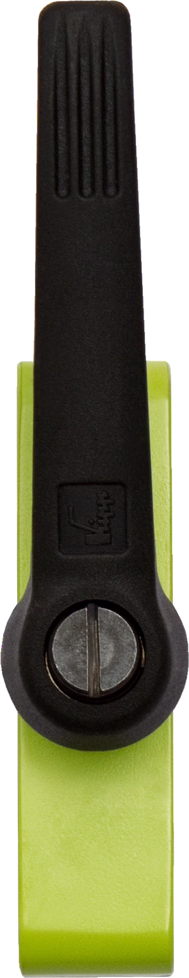 WOLFF_Dummy_80274_Looking device for torsion Robo_2025-08 Nahaufnahme eines grünen und schwarzen Kunststoff-Einstellhebels mit strukturierter schwarzer Grifffläche und einer Schlitzmetallschraube, von oben gesehen.